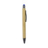 A bamboo pen with a blue stylus tip and a black end, featuring a simple clip for easy attachment.
