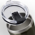 A drink bottle with a stainless steel body and a clear plastic lid featuring a black sliding cover.