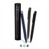 Three metal pens in navy, dark grey, and black, displayed beside a cylindrical black container.