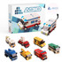 A set of colourful building blocks featuring various vehicle designs, including an ambulance, fire truck, and cement mixer.