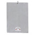 A grey golf towel with a loop for hanging and a logo printed at the bottom.
