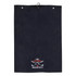 A dark navy golf towel with a loop for hanging, featuring a logo and humorous text.