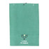 A green golf towel with a textured surface and a design featuring crossed racquets and a ball, along with the text.