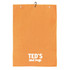 An orange golf towel with a textured surface and a logo at the bottom. It features two hanging holes.