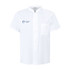 A white short-sleeved chef jacket featuring a chest pocket and a logo on the front.
