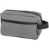 A grey toiletry bag with a zip closure and handle, featuring a logo on the side.