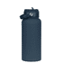 A drink bottle in navy blue with a rubber coating and a carrying strap, featuring a metal lid.