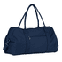 A navy duffel bag with dual handles, a shoulder strap, and a front zipper pocket. It features a logo.