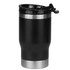 A black 350ml tumbler cooler featuring a stainless steel base and a lid with a spout. Includes branding.