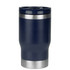 A drink bottle featuring a navy blue exterior with a silver base and a lid for a tumbler cooler.