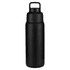 A drink bottle in matte black, featuring a handle and a sleek, modern design. It includes a logo.
