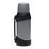 A drink bottle in grey with a dark green strap, featuring a sleek, cylindrical design and a black base.