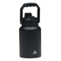 A drink bottle with a black matte finish, featuring a handle and a screw-on lid, with a logo on the front.