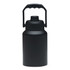 A drink bottle in matte black with a handle and a screw top lid, featuring a logo on the side.