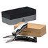 A black and silver multi-tool partially open, featuring pliers, alongside a wooden box for storage.