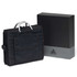 A black gear organiser with a handle, accompanied by a sleek black box featuring a logo.