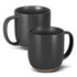 A set of two dark grey ceramic mugs with a textured finish and a contrasting base. Each mug has a handle and a logo.