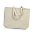 A beige recycled cotton tote bag with two handles and a small logo on one side.