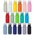 A drink bottle collection featuring various colours, including grey, white, yellow, orange, pink, green, and blue, with a logo.