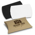Three pillow boxes in black, white, and kraft brown, featuring a logo on the brown box.