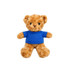 A plush teddy bear in soft golden-brown fur, wearing a blue t-shirt, with black button eyes and a stitched mouth.