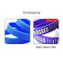 Two silicone key rings in blue and purple, featuring embossed text. Both have distinct branding and colour options.
