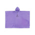 A purple reusable PEVA rain poncho with a hood and a logo on the front. Ideal for wet weather protection.