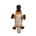 A brown and beige plush toy shaped like a platypus, featuring a soft body and flippered limbs.