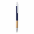 A pen featuring a navy blue barrel and a wooden lower section, with a silver clip and accents.