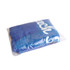 A blue cotton poncho towel packed in clear plastic, featuring a logo. Suitable for beach or surf activities.