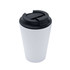 A coffee mug in white with a black lid, made from recycled materials. It features a simple design and a logo.