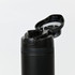 A drink bottle in black with a flip-top lid and a built-in straw. Features a logo on the body.