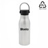 A drink bottle in silver with a black lid and a handle, featuring a logo on the front.