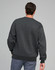 A grey crewneck fleece jumper with ribbed cuffs and hem, featuring a logo on the back.