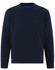 A navy blue crew neck fleecy sweater featuring long sleeves and a ribbed hem, with a logo on the front.