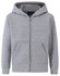 A grey full-zip fleecy hoodie with a hood and front pockets, featuring a logo on the chest.