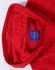 A red full-zip fleecy hoodie featuring a lined hood and a tag inside.