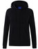 A black full-zip fleecy hoodie featuring a hood and front pockets, with a logo on the front.