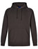 A men's fleecy hoodie in dark brown with a front pocket and drawstring hood. Features a logo.