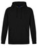 A black men's fleecy hoodie with a front pocket and drawstring hood, featuring a logo on the front.