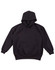 A black kids' fleece hoodie with a front pocket and a drawstring hood. It features a brand logo.