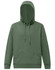 An olive green adult hoodie with a front pocket and a drawstring hood. It features branding on the garment.