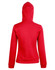 A red ladies' full zip fleece hoodie featuring a hood and long sleeves, with a logo present.