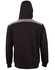 A black adult hoodie with a grey contrast across the shoulders and a hood. It features a logo on the garment.