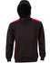 A black hoodie with a contrasting red design, featuring a kangaroo pocket and a hood. It has a logo on it.