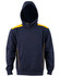 A navy blue hoodie with a contrasting yellow design and a front kangaroo pocket, featuring a hood and a logo.
