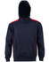A navy hoodie with a red contrast design and a kangaroo pocket. It features a hood and has a branded logo.