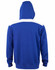 A blue kids' hoodie featuring a white contrast panel across the shoulders and a kangaroo pocket. It has a hood and a logo.