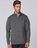 A men's half zip long sleeve sweatshirt in dark grey, featuring a subtle blend texture and a logo.