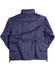 A navy outdoor activity spray jacket featuring a back view and a hood, with a logo present.
